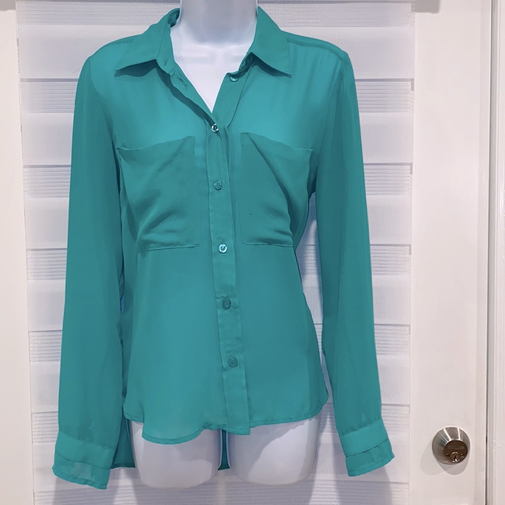 BCBG sheer green button down blouse/ size small